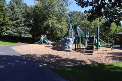 Playground with park chip surface – near parking, restroom and shelters